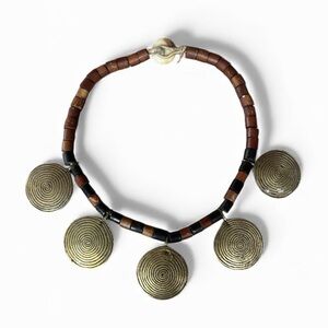 Vintage Brass Sun Spiral Disc Necklace w/ Horn & Bone Tuareg Style Made in India